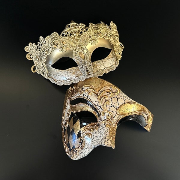 Phantom His and Hers Masquerade Masks, Gold Masquerade Mask, Couples Masquerade Masks, Prom Mask, Half Face Mask, Costume Mask Venetian Mask