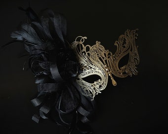 Womens Masquerade Mask Floral Feather - Gold- Adult