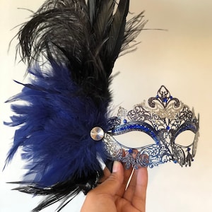 Navy Blue Couples Masquerade Masks, Black Venetian Couples Matching mask pair