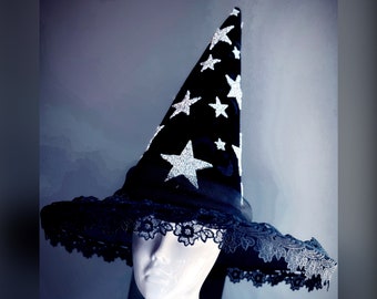 Black Witch Hat - Pointy Wide Brim - Star Constellation witches of cosmos - Women