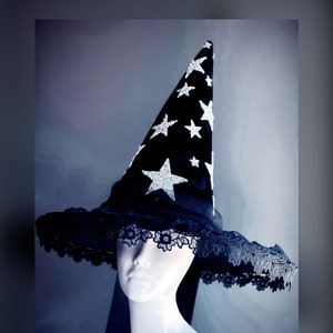 Black Witch Hat - Pointy Wide Brim - Star Constellation witches of cosmos - Women