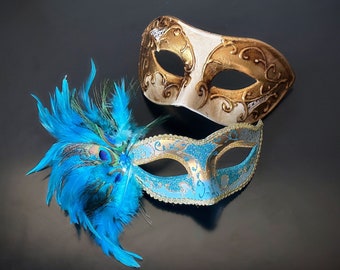 Couples Masquerade Mask Set Venetian Feather Mask - Turquoise - Adults