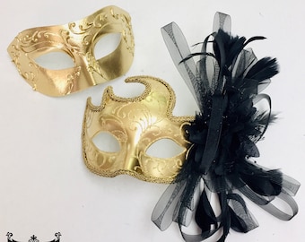 Gold Black Masquerade Mask Couples Set, Wedding, Prom Couple Masks, Venetian Mask, Costume Party, Masquerade Party, Masquerade Ball,