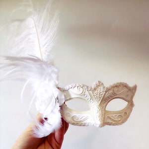 Diner en Blanc masquerade Mask, All White feather Masquerade Mask, white feather mask, women's white venetian masks by HigginsCreek image 3