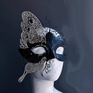 Black Silver Masquerade Mask, Butterfly Masquerade Ball Mask, Mardi Gras Luxury Masquerade Mask Silver Black Butterfly with Glitter