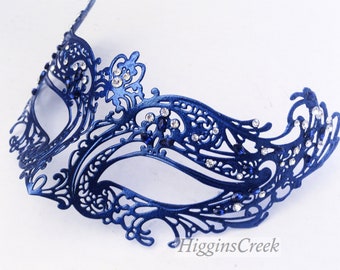 Navy Blue Masquerade Mask Women, Venetian Mask, Mardi Gras RHINESTONES, Masquerade Party Mask, Masked Ball, Womens Mask