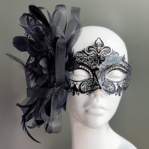Black Metal Masquerade Mask, Womens Masquerade Mask, Masquerade Party Mask, Masked Ball, Prom Mask, Wedding, Bridal Mask, Feather Mask