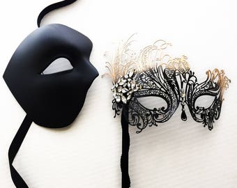 Black Gold Masquerade masks Couples Stick masks Handheld couples Masquerade Mask Set, Men Women masks on Stick