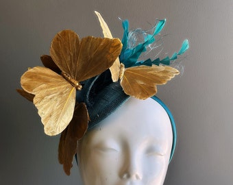 Teal Gold Butterfly Fascinator - Tea Party Hat