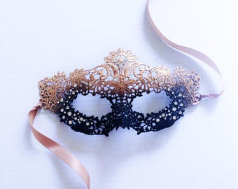 Gold Ombre Venetian Mask for women, Lace Mask with rhinestones