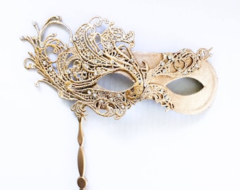Luxus-Gold-Maskerade-Holding-Stick-Maske, Damen-Maskerade-Stick-Maske, Gold-Schmetterlings-Thema-Handmaske