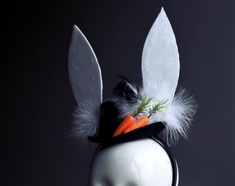 Easter Bunny Fascinator Hat Adults and Kids One Size - Easter Cosplay Hat - Bunny Ear Hat - Easter Fascinator Hat - White Rabbit and Carrots