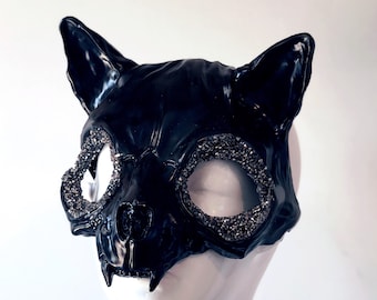 動物の頭蓋骨のハロウィーンマスク、宝石付き猫マスク、仮面舞踏会マスク、猫のコスチュームハロウィーンマスク、猫マスク、ガットマスク