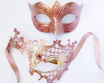 Rose Gold masquerade mask Couples rose gold couple masks, His & Hers Masquerade Masks with Diamonds