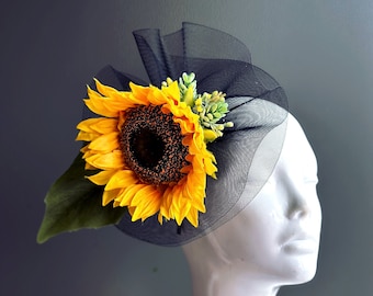 Sunflower Fascinator Hat Women Tea Party Hat Black Tulle Hat