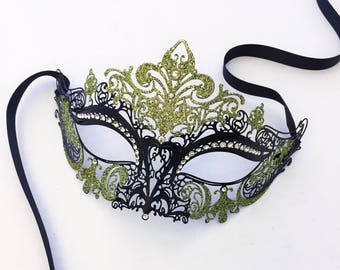 olive The Black Magick Masquerade Mask: Venetian style carnival mask Hand made in black yellow and gold with feathers and rhinestones