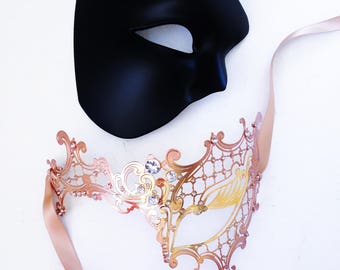 opera Couples Mask Pair, Rose Gold Couples Masquerade Masks, His & Hers Masquerade Masks with Diamonds