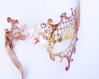 Rose Gold and Gold Masquerade Mask for women, Rose Gold Phantom Mask, Womens Metal filigree custom color Mask