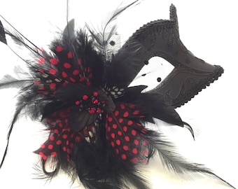 Masquerade Mask- black masquerade mask- Red Feather Mask- Mayors Masked Ball- Costume Party- Masquerade Ball- Mardi Gras Mask