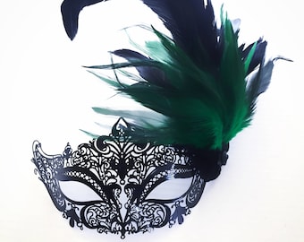 Masque de mascarade vert émeraude, masques de plumes pour femmes, masques de mardi gras verts, masque vénitien vert