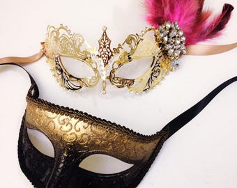 Venetian Filigree with Feathers Couples Masquerade Ball Mask