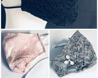 LUXURY LACE Fabric Face mask Women Filter + nose wire - 3 Layer Mask Fashion Mask - Durable Reversible Reusable Face Mask