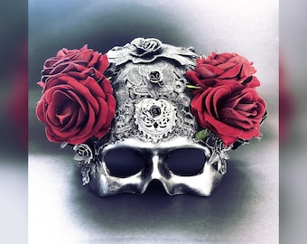 Masque tête de mort pour homme argenté, Jour des morts, Dia de los Muertos, masque d'Halloween, soirée costumée, soirée mascarade, masque rose, mascarade pour homme