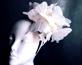 White Butterfly headpiece, white fascinator headband with butterflies, white butterflies derby hat headpiece, white fascinator hat