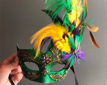 Mardi Gras Carnival Masquerade Mask With Feathers, Women's Mardi Gras Masquerade Mask, St. Patricks Day