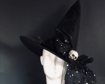 Black TALL Witch Hat pointy Witches hat wizard Hat Witching hat wide brim hat magic sorcerer warlock Halloween Witchcraft costume witchy hat