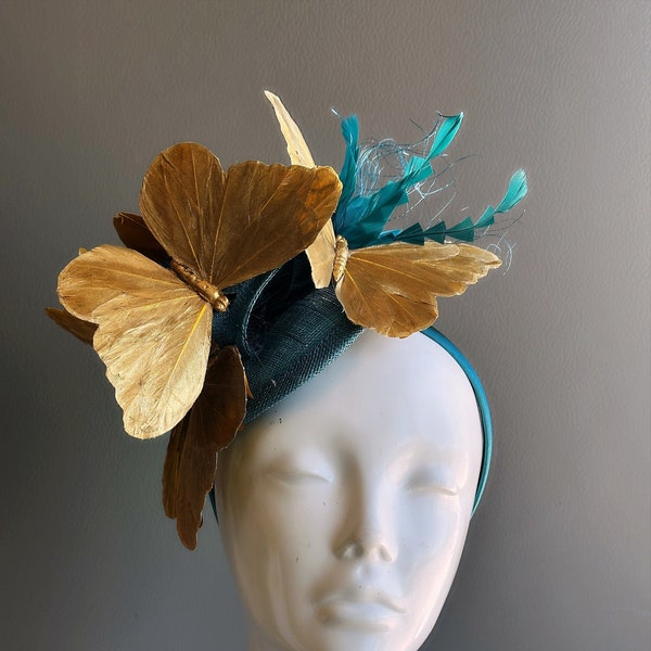 Teal Gold Butterfly Fascinator - Tea Party Hat