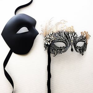 Black Gold Masquerade masks Couples Stick masks Handheld couples Masquerade Mask Set, Men Women masks on Stick
