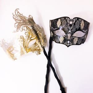 His & Hers Elegant Hand Held Masquerade Masks, Gold and Black Stick Masks For Couples, Masquerade Ball Masks