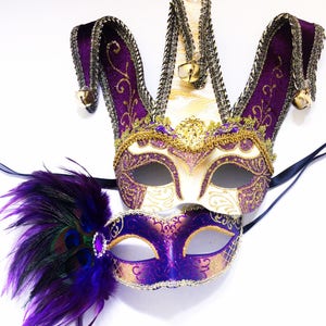 purple Jester Mask set, Couples Jester Masquerade Mask, Mardi Gras Mask, Venetian Mask purple fabric detail and gold trim embellishing Bells