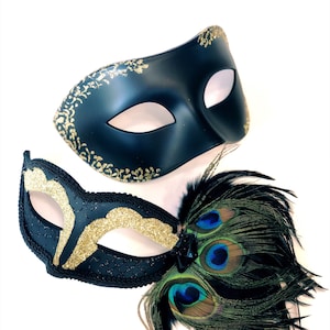 Couples masquerade masks Black gold accent men Roman Mask Women peacock feather mask Masquerade Ball masks Prom Masks her his their masks