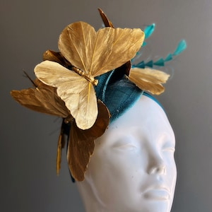 Teal Gold Butterfly Fascinator Tea Party Hat image 2