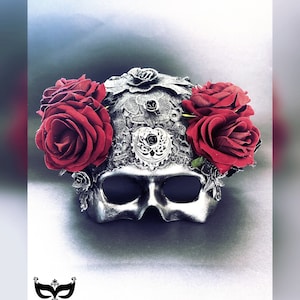 Silver Mens Skull Mask, Day of the Dead, Dia de los Muertos, Halloween Mask, Costume Party, Masquerade Party, Rose Mask, Mens Masquerade