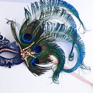 Stunning masquerade mask, peacock feather Masquerade Masks, Gold Navy theme Jewels & Feathers