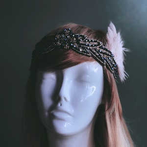 Black Pink Flapper Headband With Pink Feathers, Roaring 20s, Elegant Headpiece