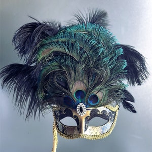 Paare Masquerade Masken mit Stöcken, halten Stick Maske Federn, venezianische Paare Masquerade Masken Pfaufeder Maske