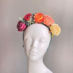 Rustic Rose Headband, Rose Flower Crown Photography Props, Sunset Colors Flower headpiece, Whimsical Rose Flower headband