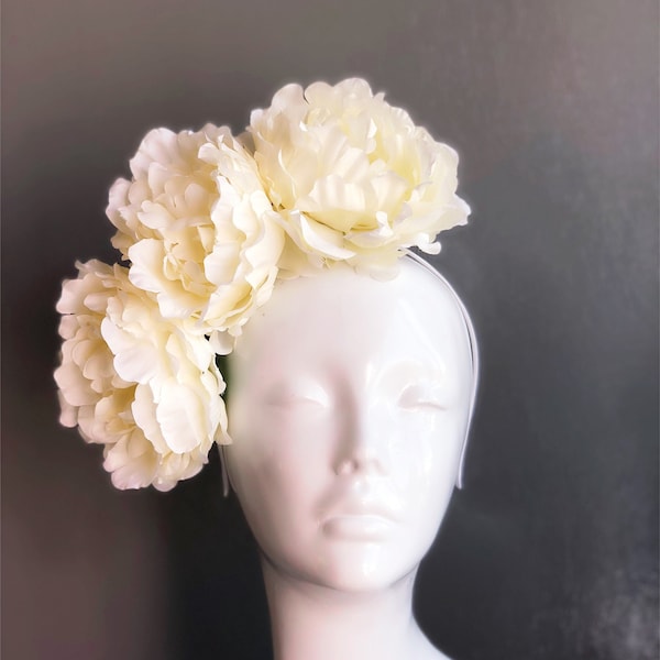 Ivory flower fascinator, peony flower crown headdress for women, photography props