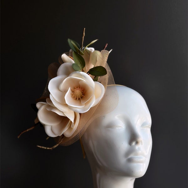 Tea Party Hat Beige Tan floral Fascinator Hat Magnolia Flower Hat for Women, Flower Headpiece Accessory