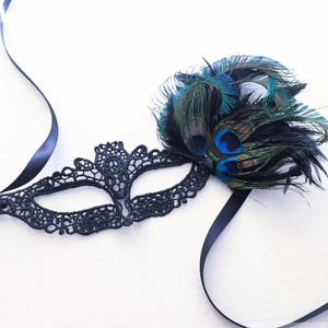 Black Women's Masquerade Mask with peacock feathers, simple black feather mask for women