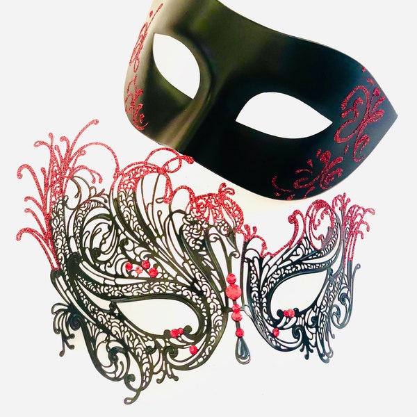 Black Red Glitter Masquerade Masks for Couples Luxury Custom Masks