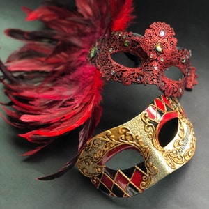 RED Masquerade Ball Masks Couples Set - Feather Mask Women Venetian Filigree Mask Men