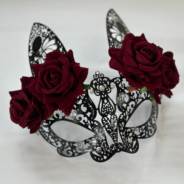 Máscara de conejito negro, máscara de conejito de flores, máscara de mascarada de conejito, máscara de rosa roja, máscara de disfraz de conejito, fiesta de disfraces