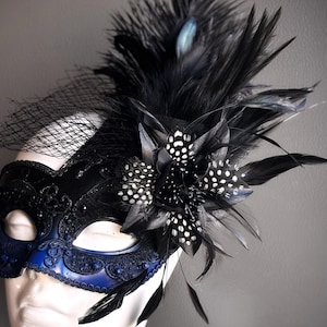 blue black masquerade mask, womens mask, masquerade ball, feather mask, party mask, prom mask, wedding mask