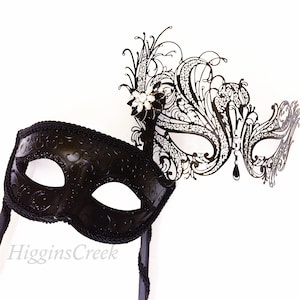 Masquerade Couples Mask Set - His & Hers Mask Bestselling Men's Half Mask w/ Lady's Laser Cut Mask FULL BLACK SET