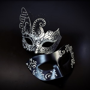 Couples Masquerade Mask Pair Venetian - Silver Black - Adult